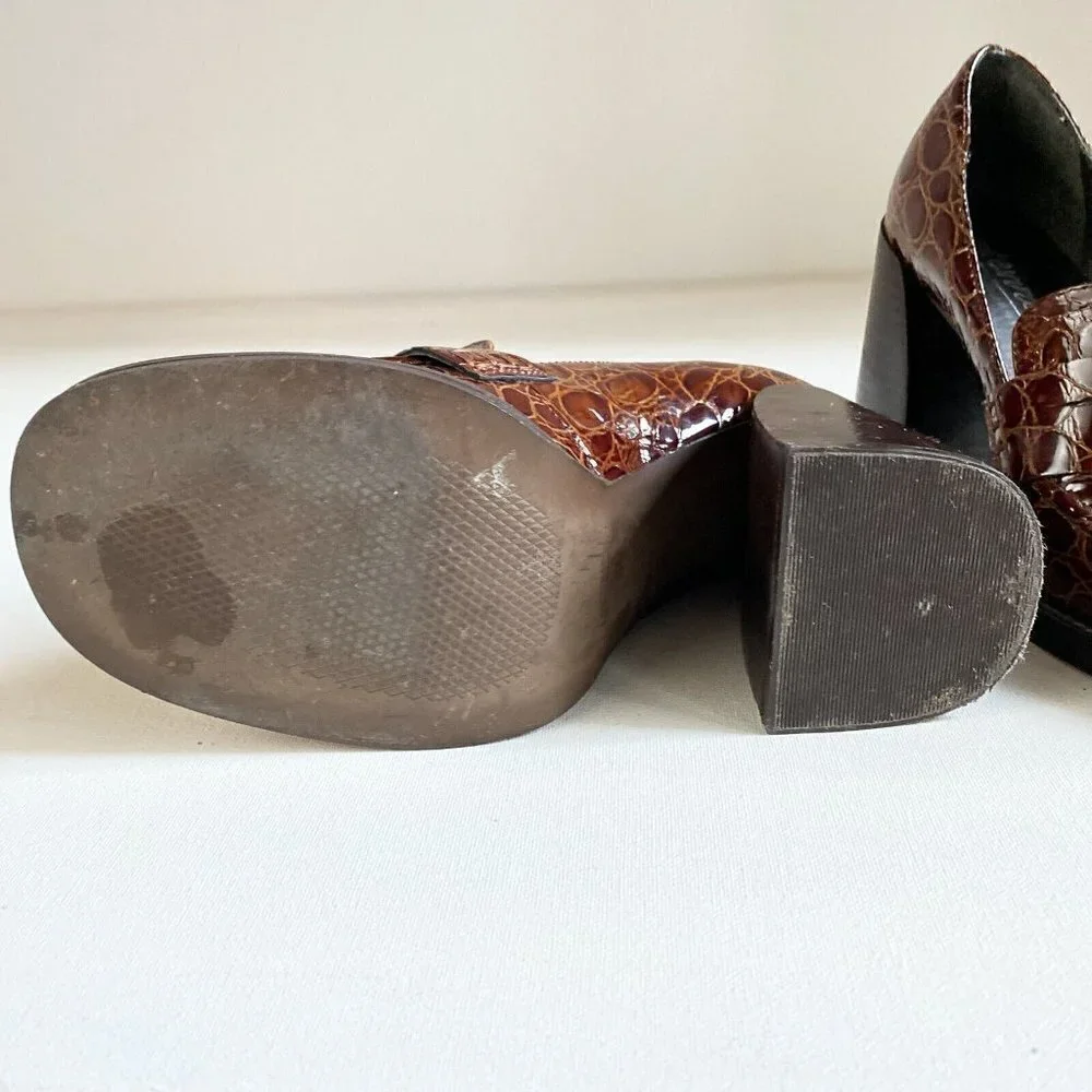 L'Intervalle Brown Croc Print Leather Chunky Heel Loafers 36